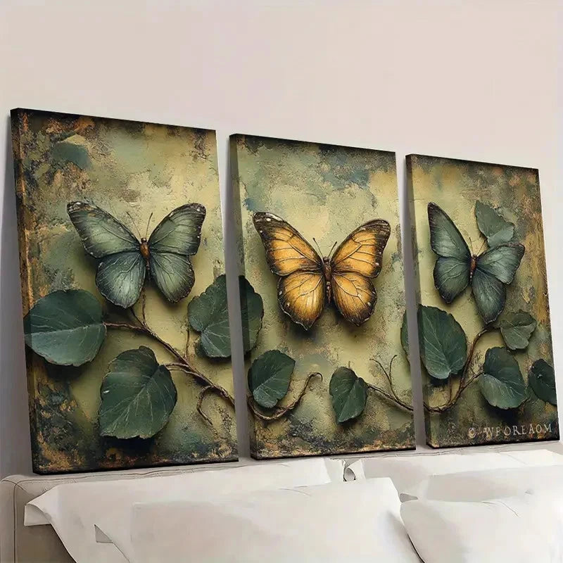 3pcs Vintage Botanical and Butterfly BG  Wall Art Set Canvas Framed 50x70cm - High Quality Print 100% Australian Made Wall Canvas Ready to Hang