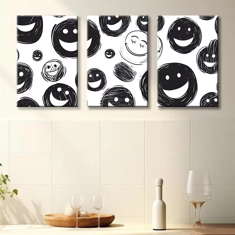 3pcs Joyful Face Illustration Wall Art Set Canvas Framed 50x70cm - High Quality Print 100% Australian Made Wall Canvas Ready to Hang
