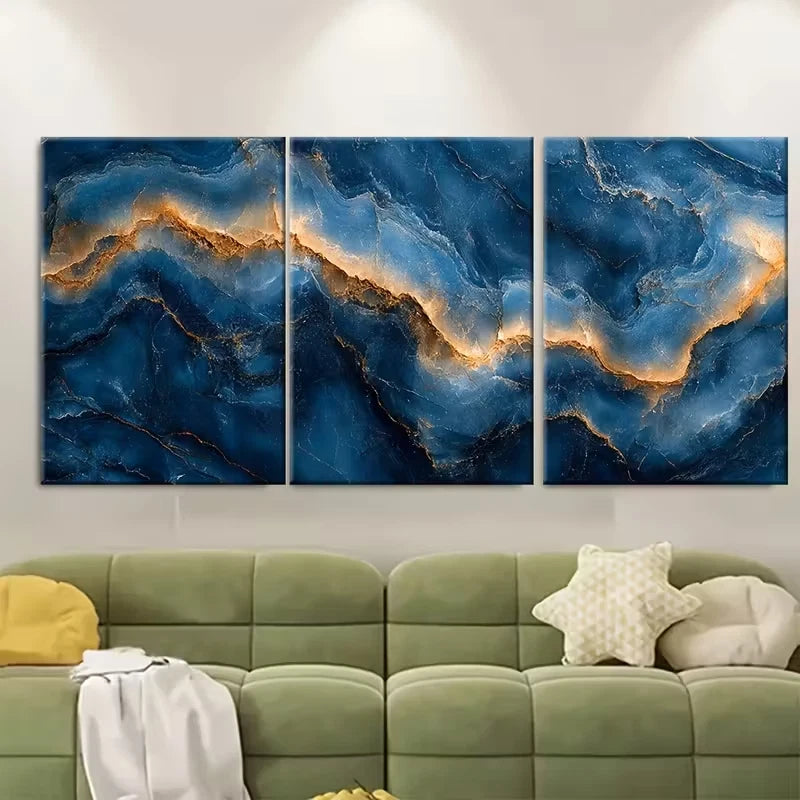 3pcs Blue Marble Textures Metal Print Ready to Hang Art - Bella Home Decor