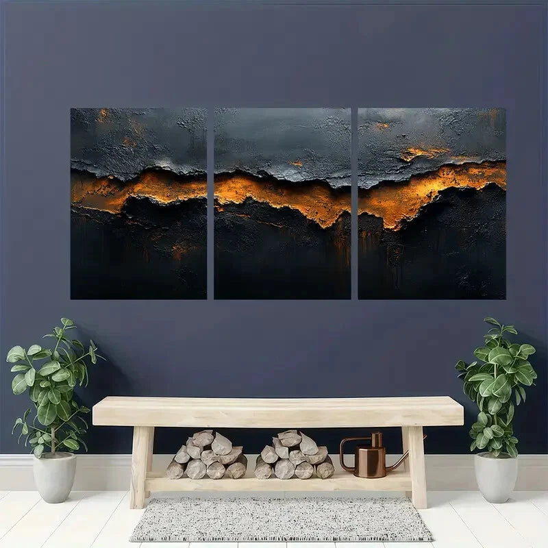 3pcs Abstract Black and Brown Textured Metal Print Ready to Hang Art - Bella Home Decor