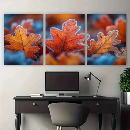 3pcs Frozen Fallen Oak Leaves On The Forest Metal Print Ready to Hang Art