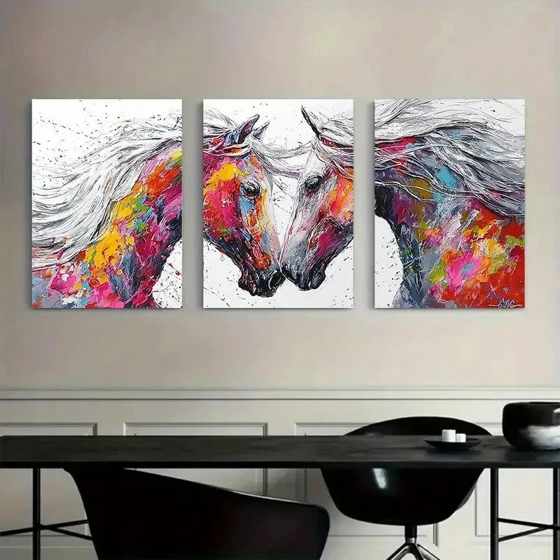 3pcs Two Horses with Flowing White Manes Metal Print Ready to Hang Art - Bella Home Decor