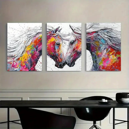 3pcs Two Horses with Flowing White Manes Metal Print Ready to Hang Art - Bella Home Decor