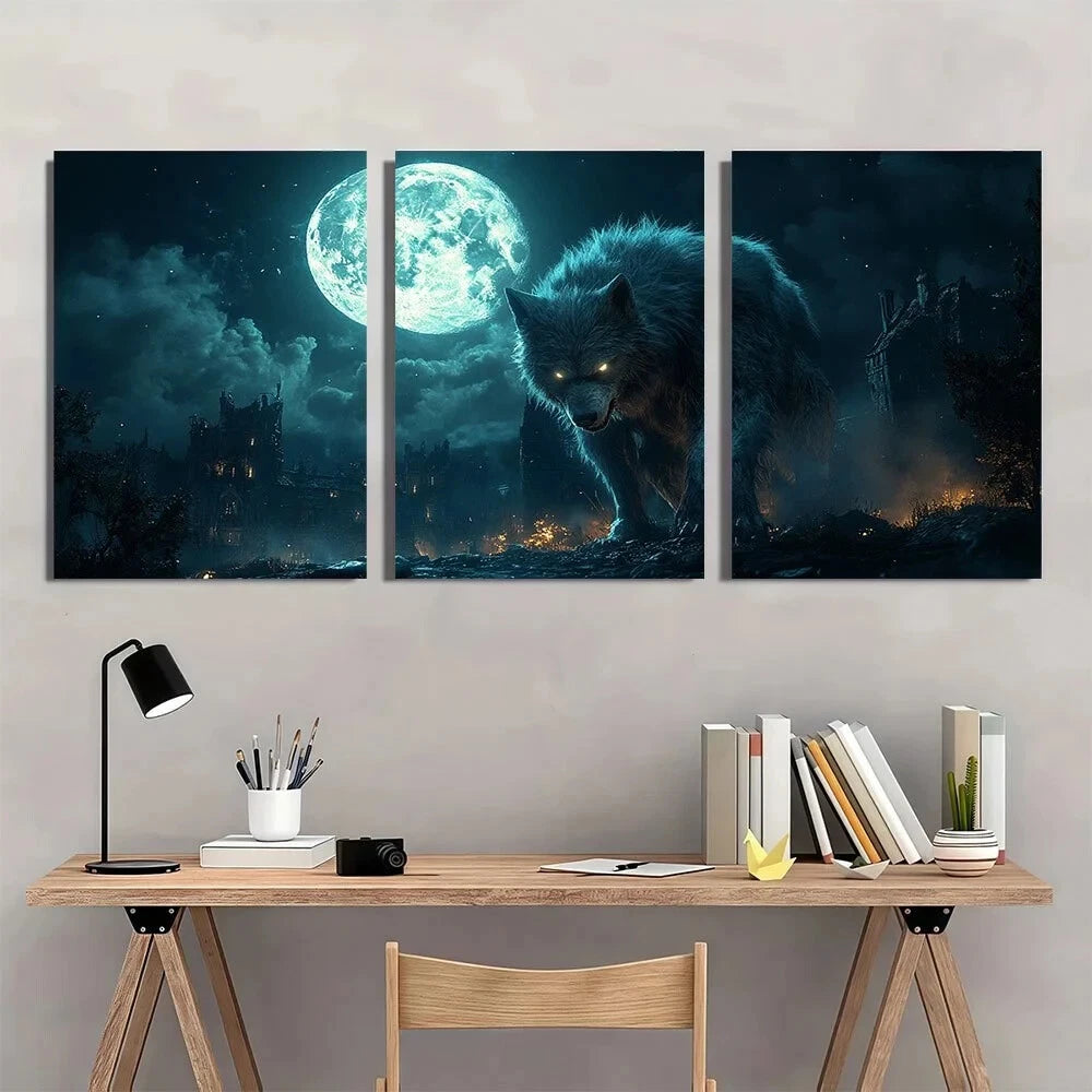 3pcs Halloween Horror Full Moon Werewolf Metal Print Ready to Hang Art - Bella Home Decor