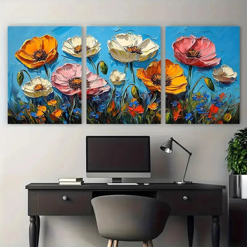 3pcs California Poppy Abstract Flowers Impasto Metal Print Ready to Hang Art - Bella Home Decor