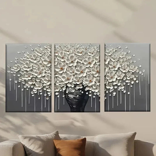 3pcs White Flower Vase Design Wall Art Set Canvas Framed 50x70cm - High Quality Print 100% Australian Made Wall Canvas Ready to Hang