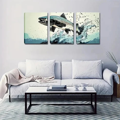 3pcs Vibrant Leaping Fish Wall Art Set Canvas Unframed - High Quality Print 100% Australian Made Wall Canvas
