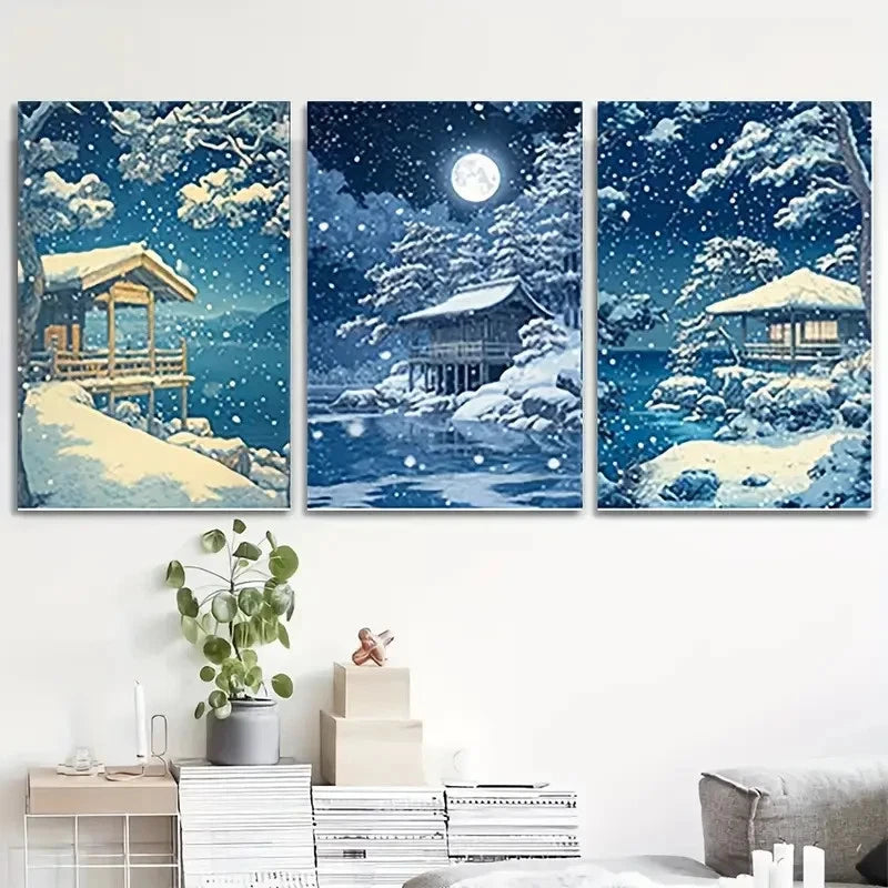 3pcs Japanese Winter Land Serene Snowy   Wall Art Canvas  Framed 60x90cm - High Quality Print 100% Australian Made Wall Canvas Ready to Hang