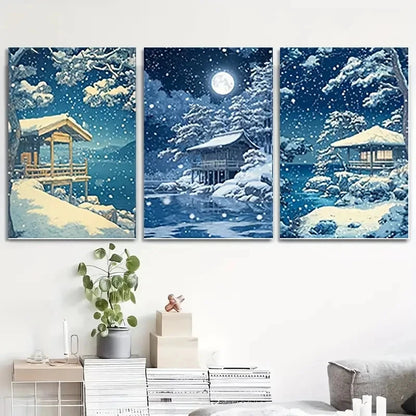 3pcs Japanese Winter Land Serene Snowy   Wall Art Canvas  Framed 60x90cm - High Quality Print 100% Australian Made Wall Canvas Ready to Hang