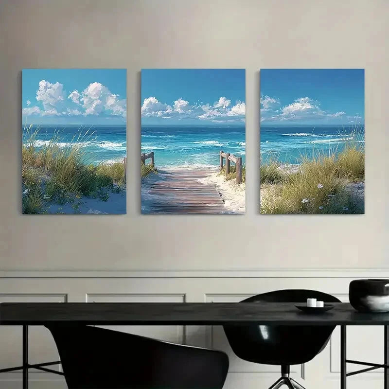 3pcs Coastal Ocean Walkway Sea Grass Metal Print Ready to Hang Art - Bella Home Decor