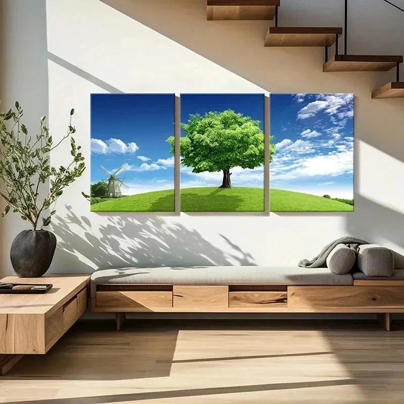 3pcs Blue Sky Grass and Big Trees Modern Wall Art Set Canvas Framed 50x70cm - High Quality Print 100% Australian Made Wall Canvas Ready to Hang - Bella Home Decor