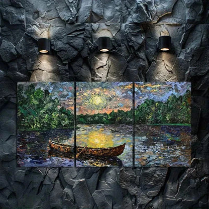 3pcs Moonlit Lake Scene with a Canoe Metal Print Ready to Hang Art