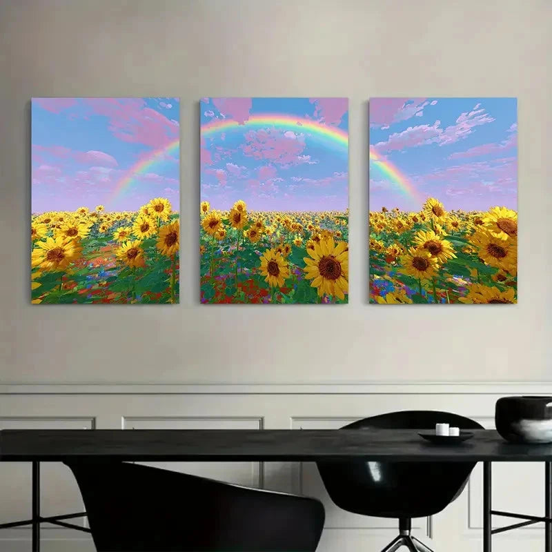 3pcs Blocky Colorful Design Sunflower Field  Wall Art Set Canvas Framed 50x70cm - High Quality Print 100% Australian Made Wall Canvas Ready to Hang - Bella Home Decor