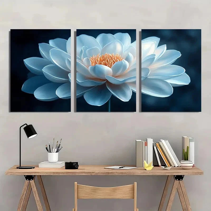 3pcs Elegant White Flower Blue & Golden Design Metal Print Ready to Hang Art - Bella Home Decor