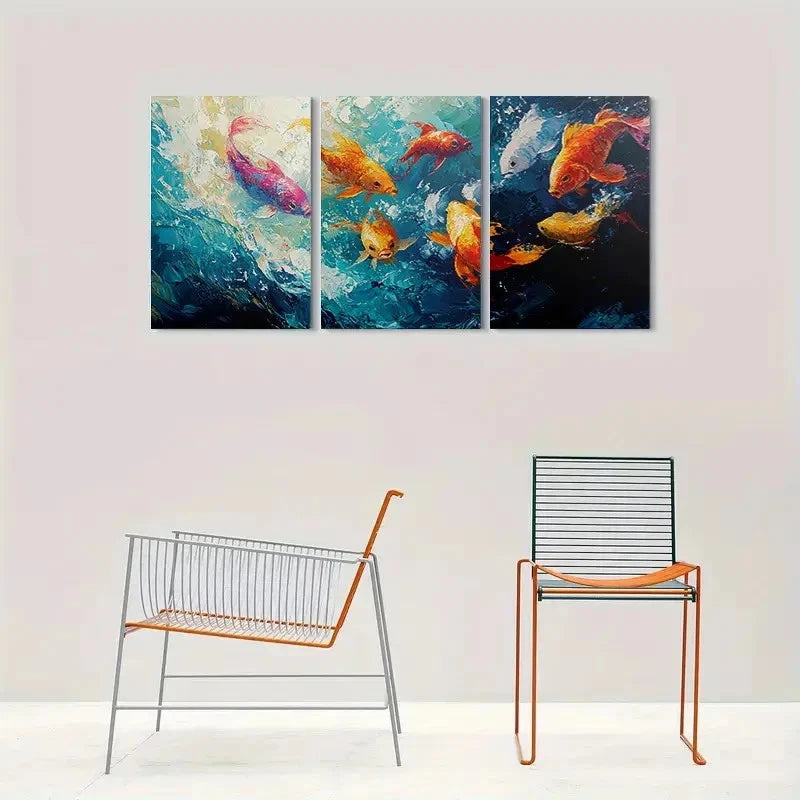 3pcs Colorful Koi Fish Abstract Ocean Life Metal Print Ready to Hang Art - Bella Home Decor