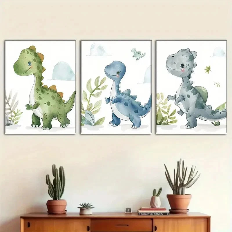 3pcs Adorable Dinosaur Painting Triptych Metal Print Ready to Hang Art - Bella Home Decor