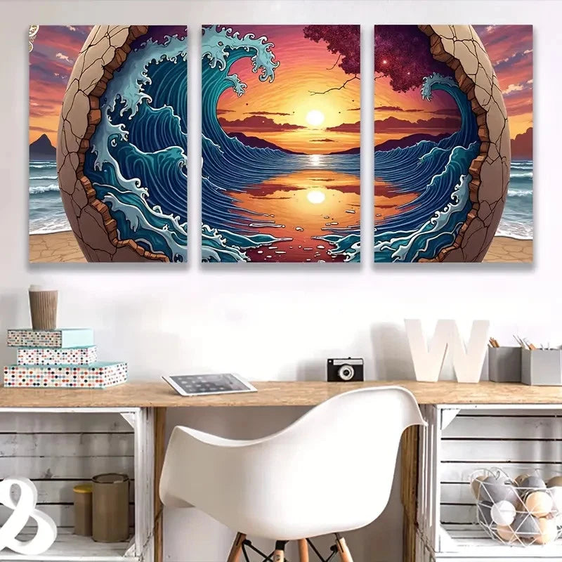 3pcs Vibrant Sunset Ocean Waves Design Wall Art Set Canvas Framed 40x60cm - High Quality Print 100% Australian Made Wall Canvas Ready to Hang