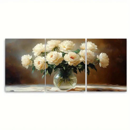 3pcs White Roses Peonies Flowers in a Glass Vase Wall Art Canvas Unframed - High Quality Print 100% Australian Made Wall Canvas