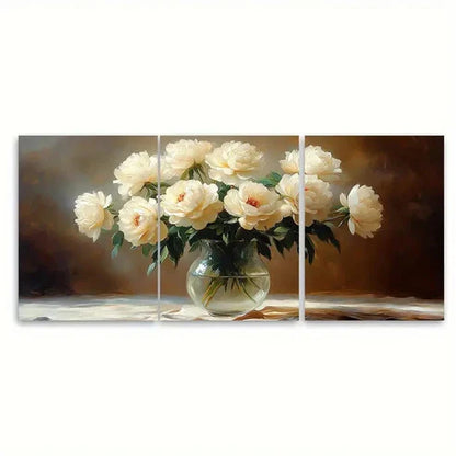 3pcs White Roses Peonies Flowers in a Glass Vase Wall Art Canvas Unframed - High Quality Print 100% Australian Made Wall Canvas