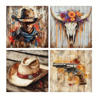 4pcs Western Cowboy-Themed Wall Art Canvas Framed