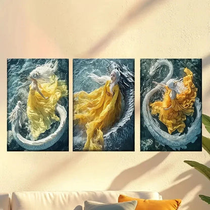 3pcs Three Women in Yellow Dresses are Floating Wall Art Set Canvas Framed 40x60cm - High Quality Print 100% Australian Made Wall Canvas Ready to Hang