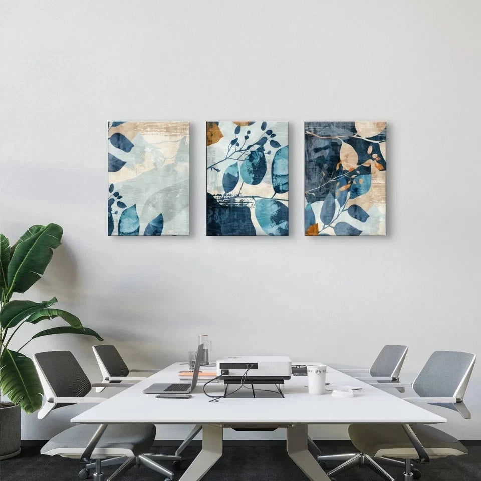 3pcs Modern Abstract Navy Blue and Gold Leaves Wall Art Set Canvas Framed 40x60cm - High Quality Print 100% Australian Made Wall Canvas Ready to Hang