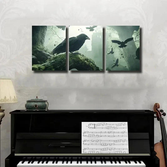 3pcs A Raven Perched on a Mossy Branch Wall Art Set Canvas Framed 60x90cm - High Quality Print 100% Australian Made Wall Canvas Ready to Hang