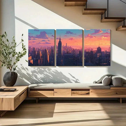 3pcs Cityscape Art Urban Skyline Sunset Glow Metal Print Ready to Hang Art - Bella Home Decor