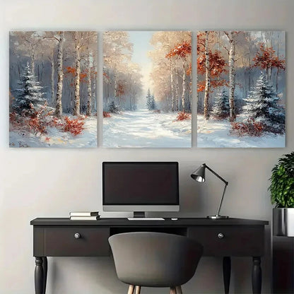 3pcs Winter Forest Snowy Landscape Birch Trees Metal Print Ready to Hang Art
