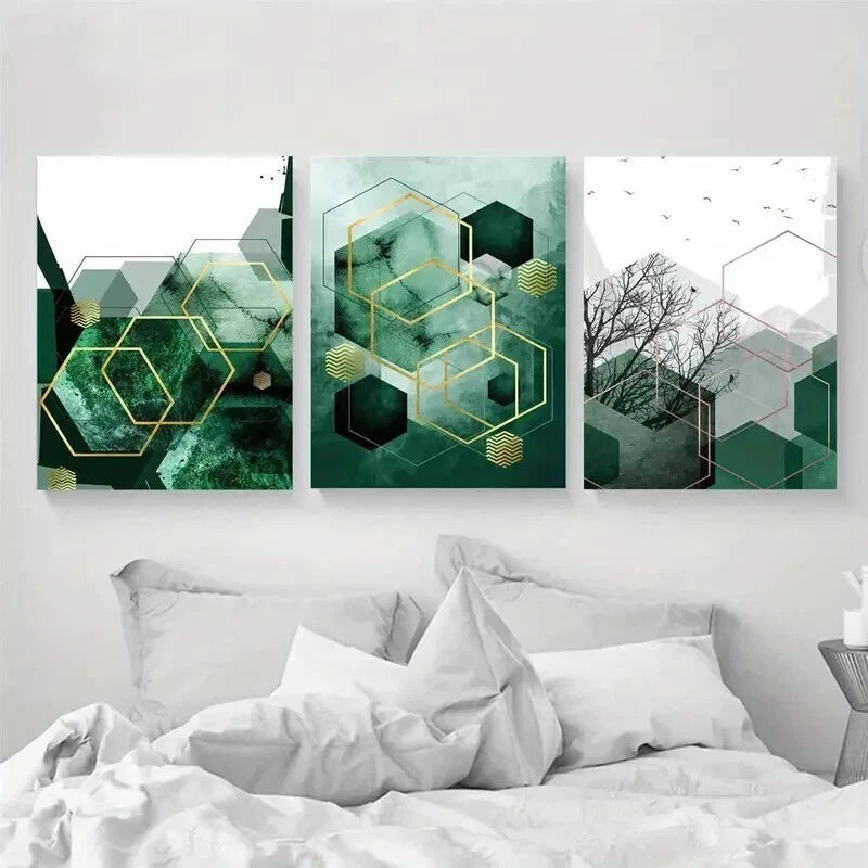 3pcs Geometric Abstract Green Copper Perfect Wall Art Set Canvas Framed 60x90cm - High Quality Print 100% Australian Made Wall Canvas Ready to Hang - Bella Home Decor