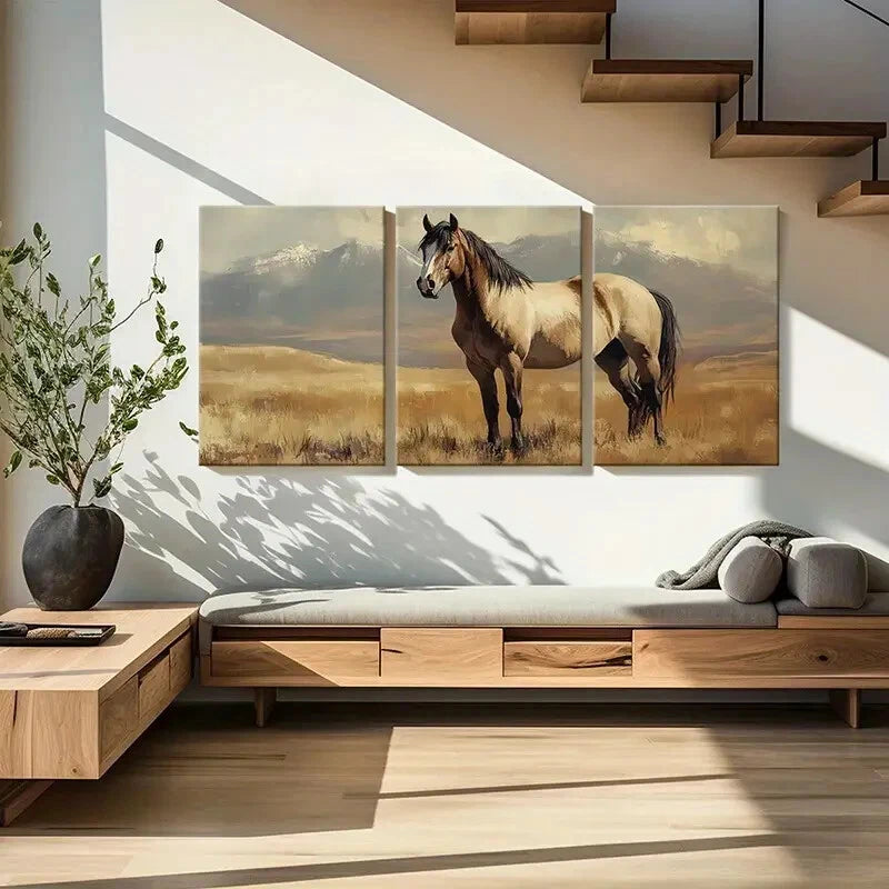 3pcs Horse Painting Mountain Landscape Metal Print Ready to Hang Art - Bella Home Decor