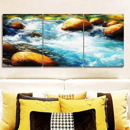 3pcs River Water Flows Over Ancient Stones Wall Art Set Canvas Framed 60x90cm - High Quality Print 100% Australian Made Wall Canvas Ready to Hang