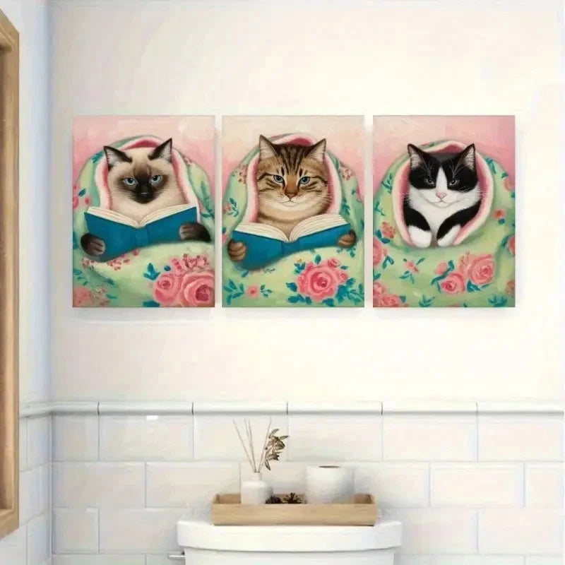 3pcs Reading Cats, Floral Blanket Canvas  Wall Art Set Canvas Framed 50x70cm - High Quality Print 100% Australian Made Wall Canvas Ready to Hang