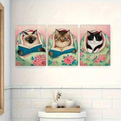 3pcs Reading Cats, Floral Blanket Canvas  Wall Art Set Canvas Framed 50x70cm - High Quality Print 100% Australian Made Wall Canvas Ready to Hang