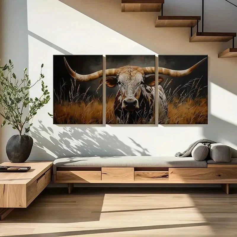 3pcs Texas Longhorn Bull Artwork Wall Art Set Canvas Framed 60x90cm - High Quality Print 100% Australian Made Wall Canvas Ready to Hang