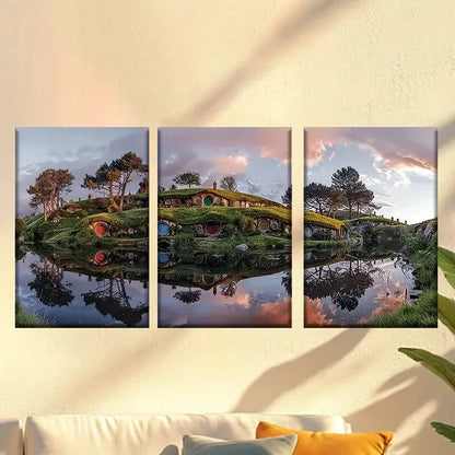 3pcs Creek and hut at sunset Wall Art Set Canvas Framed 50x70cm - High Quality Print 100% Australian Made Wall Canvas Ready to Hang - Bella Home Decor