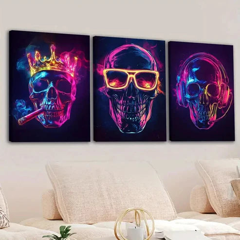 3pcs Abstract Neon Skeletons Glow Gold Rose Blue Wall Art Set Canvas Unframed - High Quality Print 100% Australian Made Wall Canvas - Bella Home Decor