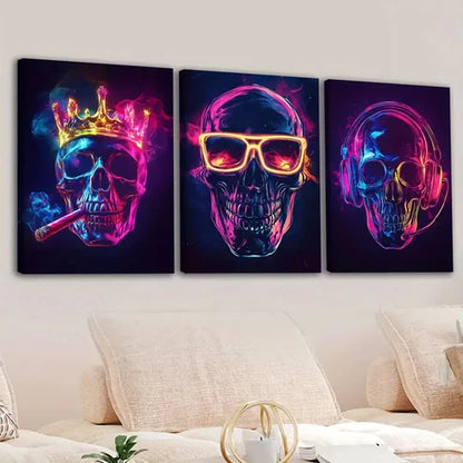 3pcs Abstract Neon Skeletons Glow Gold Rose Blue Wall Art Set Canvas Unframed - High Quality Print 100% Australian Made Wall Canvas - Bella Home Decor