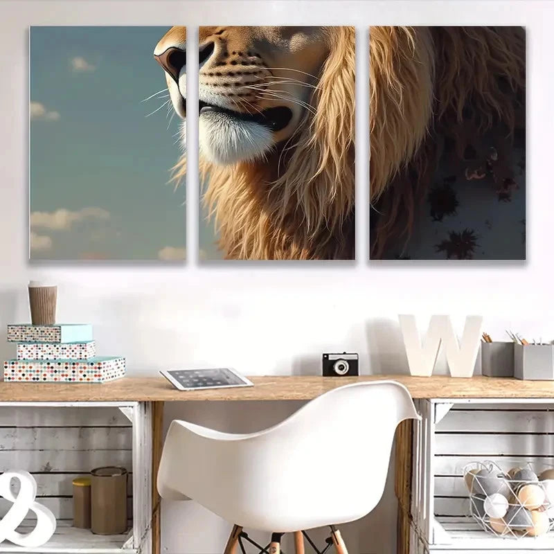 3pcs Majestic Lion Head in Sunset Hues Wall Art Set Canvas Framed 50x70cm - High Quality Print 100% Australian Made Wall Canvas Ready to Hang
