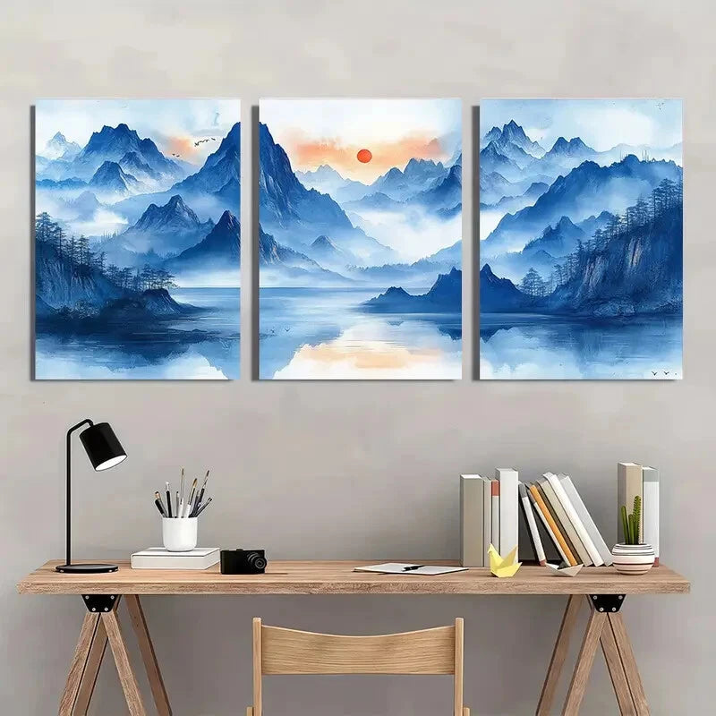 3pcs Watercolor Mountain Abstract Nature Scene Metal Print Ready to Hang Art - Bella Home Decor