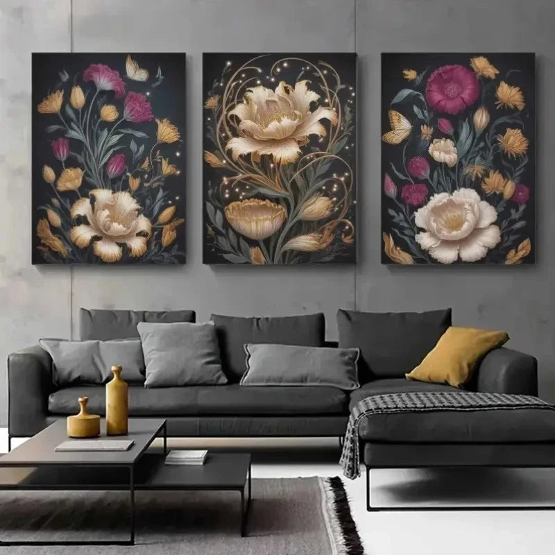 3pcs Golden Flowers, Butterflies Canvas     Wall Art Set Canvas Framed 60x90cm - High Quality Print 100% Australian Made Wall Canvas Ready to Hang - Bella Home Decor