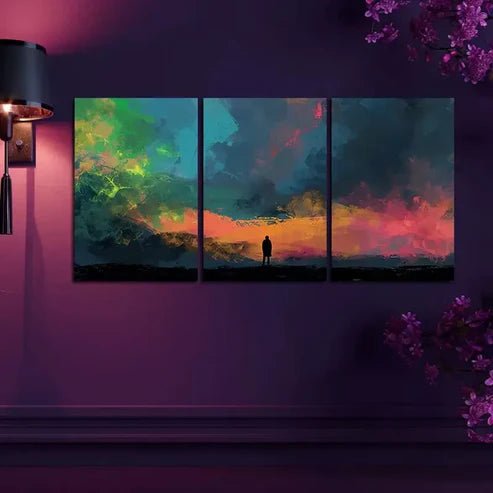 3pcs A Lone Figure Stands on The Edge on a Field Wall Art Canvas Unframed - High Quality Print 100% Australian Made Wall Canvas - Bella Home Decor