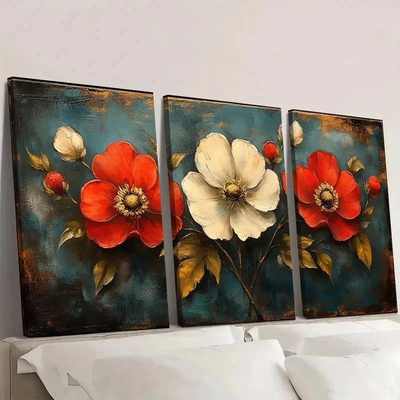 3pcs Rustic Wildflower Design in Red RT Wall Art Set Canvas Framed 50x70cm - High Quality Print 100% Australian Made Wall Canvas Ready to Hang - Bella Home Decor