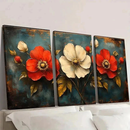 3pcs Rustic Wildflower Design in Red RT Wall Art Set Canvas Framed 50x70cm - High Quality Print 100% Australian Made Wall Canvas Ready to Hang - Bella Home Decor