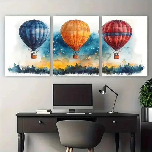 3pcs Hot Air Balloons Starry Sky Watercolour  Wall Art Set Canvas Unframed - High Quality Print 100% Australian Made Wall Canvas