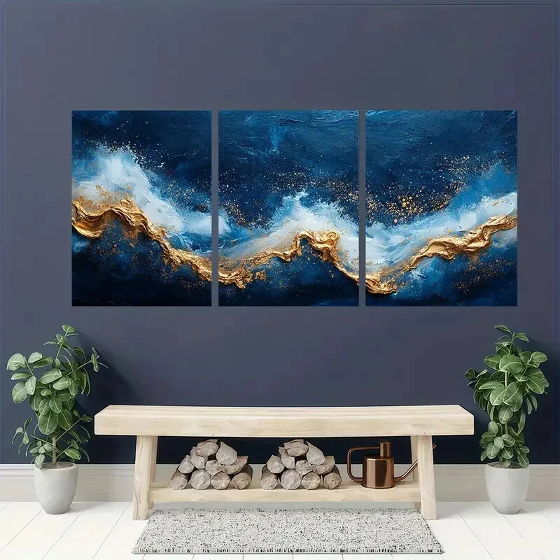 3pcs Blue and Golden Abstract Blue and White Metal Print Ready to Hang Art - Bella Home Decor
