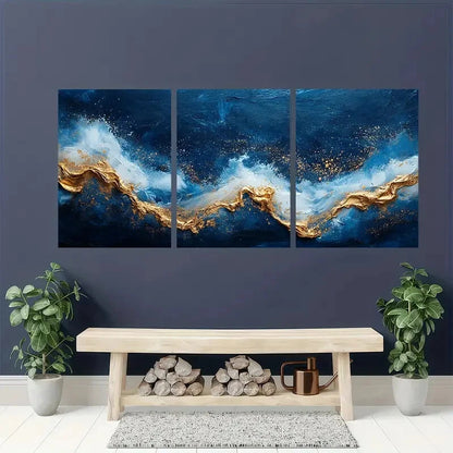 3pcs Blue and Golden Abstract Blue and White Metal Print Ready to Hang Art - Bella Home Decor