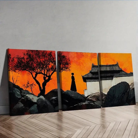 3pcs Vibrant Sunset Scene with Silhouette Figure Wall Art Set Canvas Framed 50x70cm - High Quality Print 100% Australian Made Wall Canvas Ready to Hang