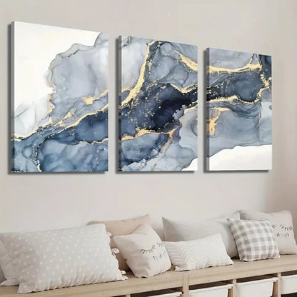 3pcs Blue & Golden Marble Texture Decor Wall Art Set Canvas Unframed - High Quality Print 100% Australian Made Wall Canvas - Bella Home Decor