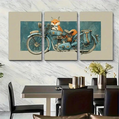 3pcs Fox Italian Biker Watercolor Paint Perfect Wall Art Set Canvas Framed 50x70cm - High Quality Print 100% Australian Made Wall Canvas Ready to Hang - Bella Home Decor